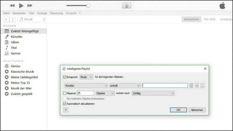 In der iTunes-Benutzeroberfläche mithilfe intelligenter Playlists aufräumen