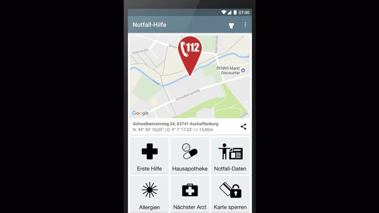 Screenshot App “112 Notfall Hilfe” mit Funktionen für Notfallsituationen