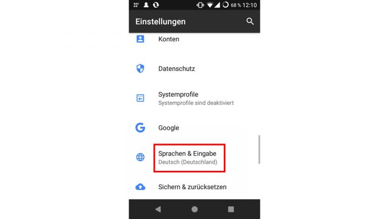 “Sprache und Eingabe” ist bei Android der Bereich, in dem sich Tastatur-Einstellungen befinden