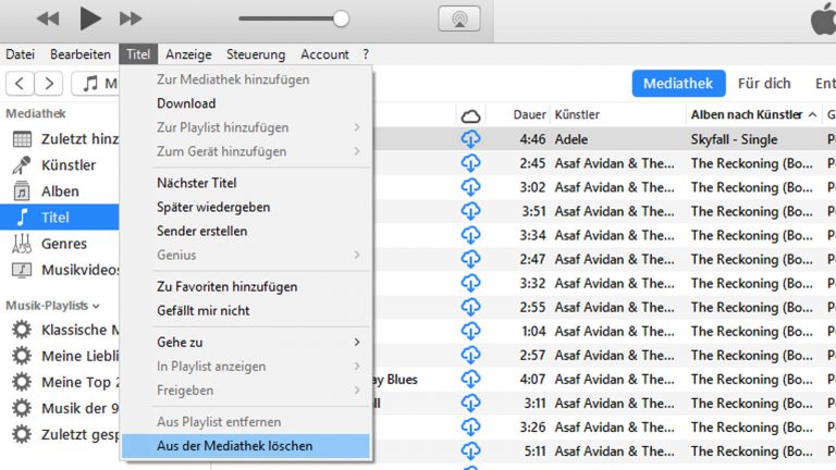 Titel aus der iTunes-Mediathek löschen