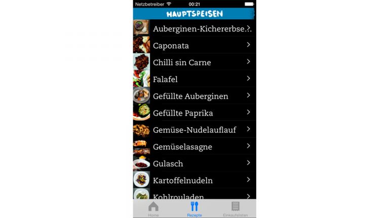 Vegan Kochen App Hauptspeisen&uuml;bersicht