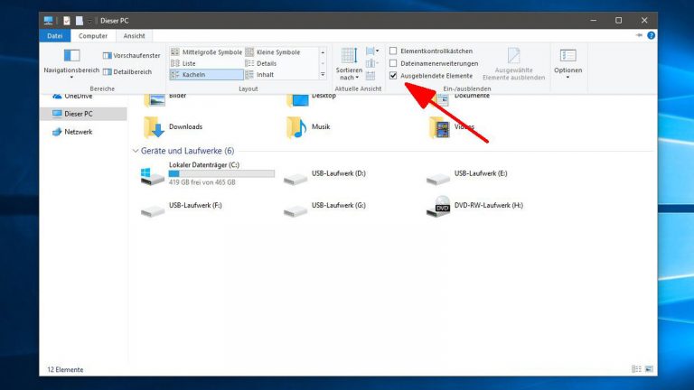 Windows 10 Startmenü öffnet nicht ausgeblendet Haken neben Ausgeblendete Elemente setzen