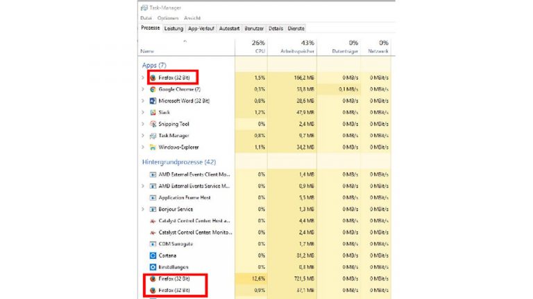 Ansicht des Windows 10-Taskmanagers, in dem sich laufende Prozesse abschalten lassen