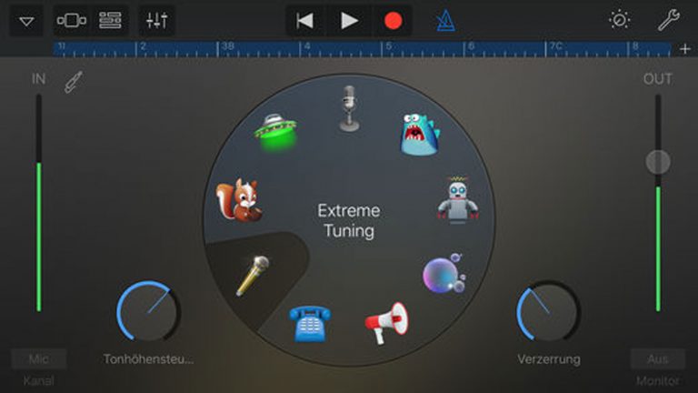 “GarageBand”-Einstellungsmenü zur Aufnahme und zum Schneiden