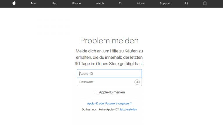 Anmelden auf iTunes um das Problem zu melden