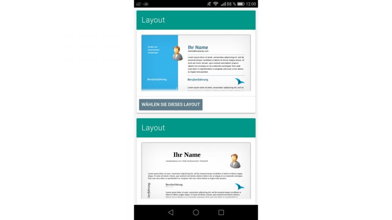 Vorlage in der Lebenslauf App auswählen