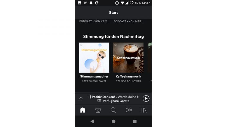 Startansicht von Spotify mit Musikvorschlägen und dem Funktionsmenü