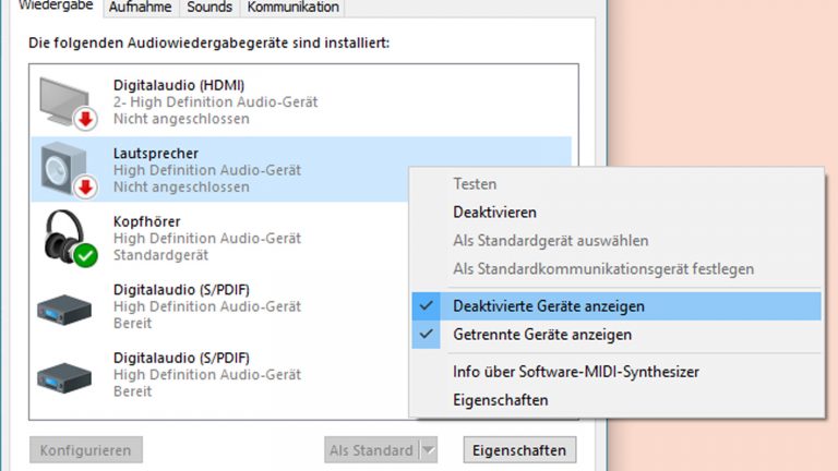 Windows 10: Audio-Geräte aktivieren