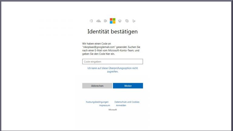 Microsofts account.live-Seite: Identität bestätigen