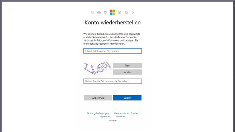Microsofts account.live-Seite: Eingabe E-Mail und Captcha.