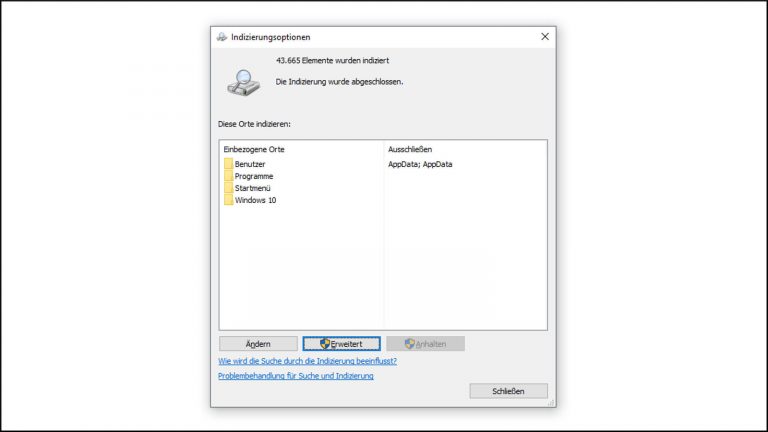 Windows 10 Indizierungsoptionen anpassen