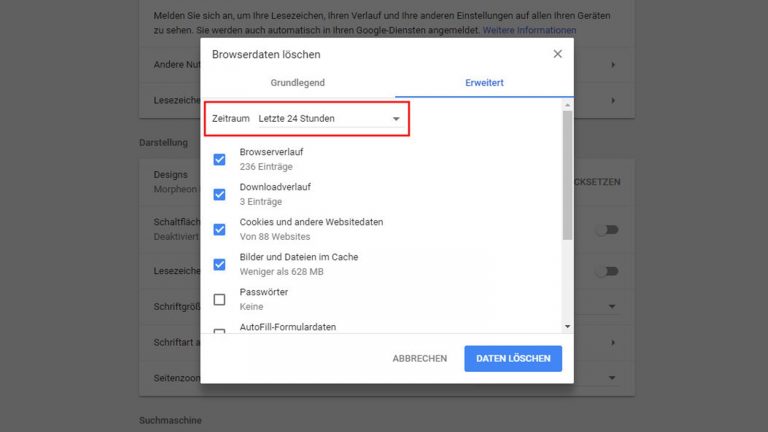 Browserdaten löschen – Zeitraum festlegen