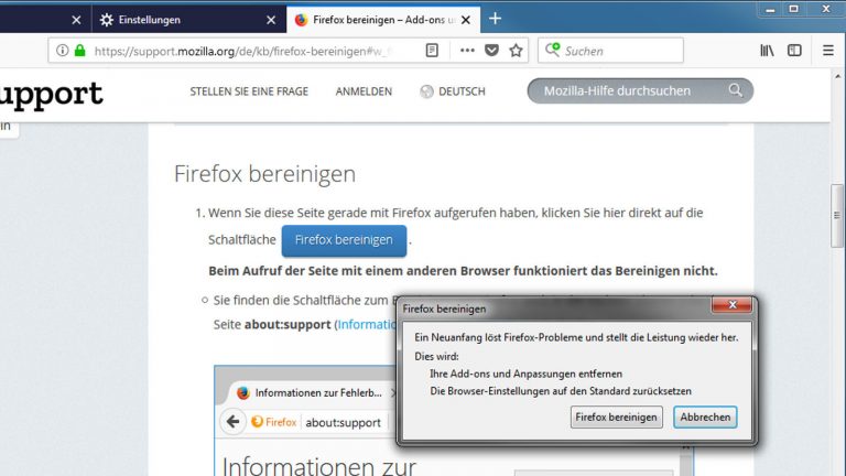 Firefox über Mozilla-Website bereinigen