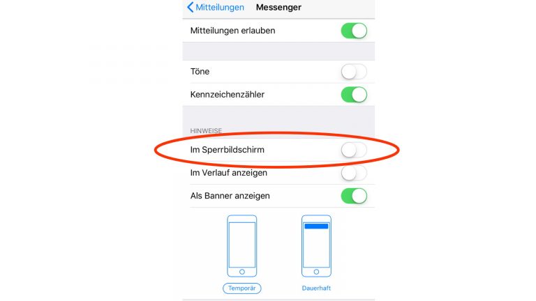 iOS Sperrbildschirm Mitteilungen Vorschau deaktivieren