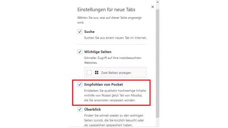 Screenshot Pocket-Empfehlungen in Firefox deaktivieren