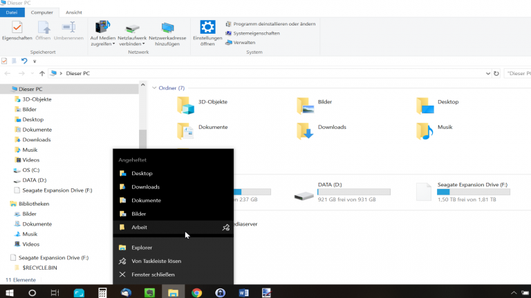 Windows Explorer: Ordner in die Taskleiste ziehen