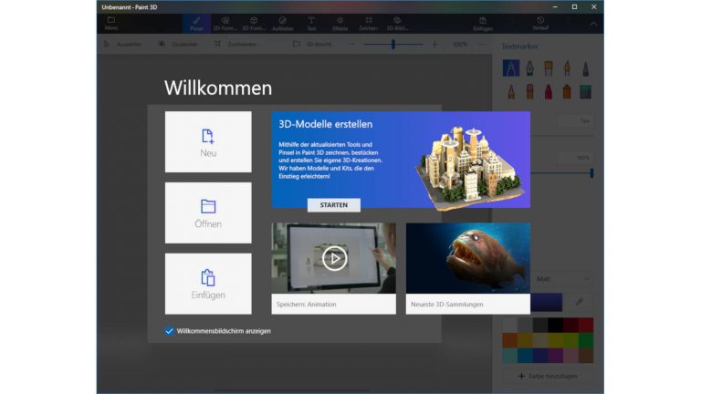 Startbildschirm von Paint 3D