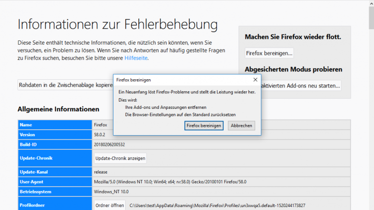 Firefox bereinigen unter Windows 10