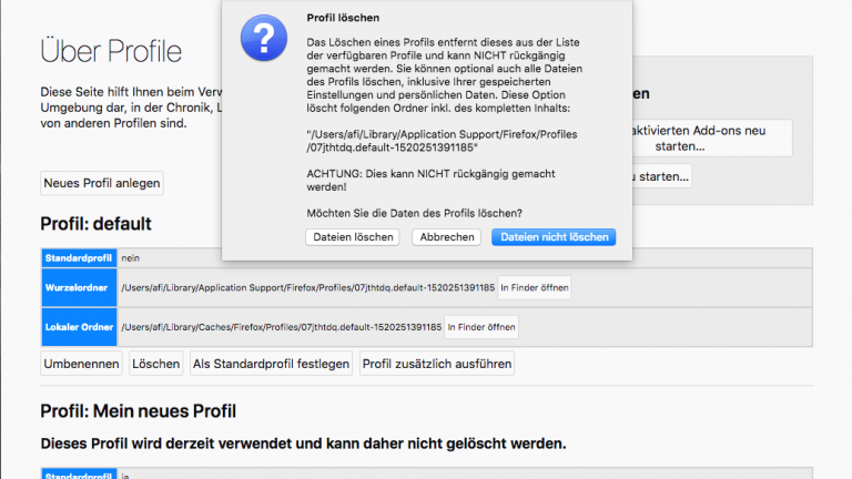 Screenshot Firefox bereinigen unter macOS: Profil löschen