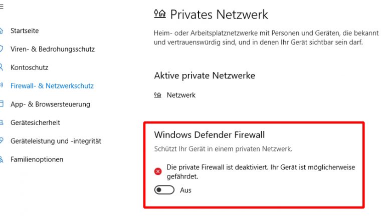 Deaktivierte Firewall in Windows Defender