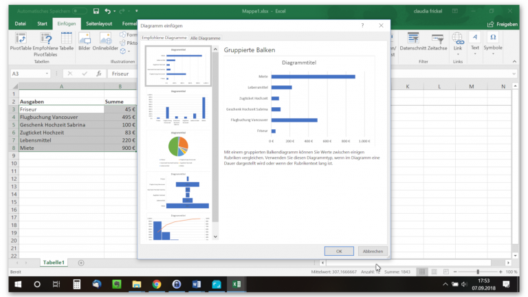 Diagramm in Excel auswählen und einfügen