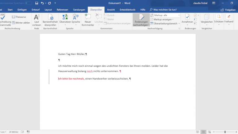 Word-Dokument mit Änderungen im Korrekturmodus