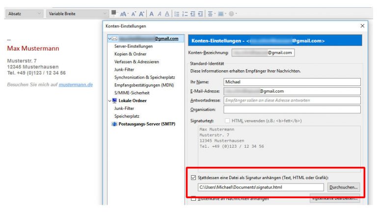 Screenshot formatierte Signatur in Thunderbird