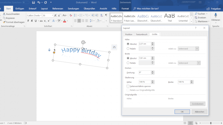 Text in Word biegen