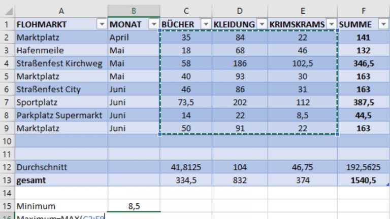 Excel-Tabelle Formel anpassen