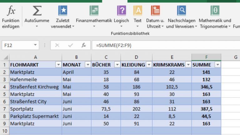 Excel-Tabelle Formeln Beispiel