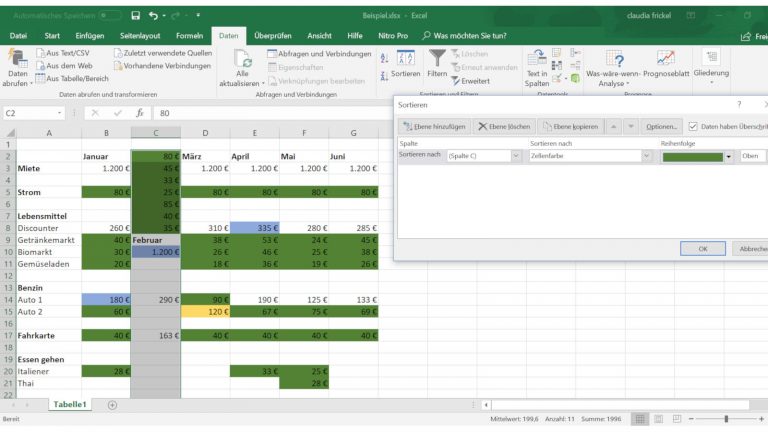 Zellen in Excel nach Farben filtern und zählen