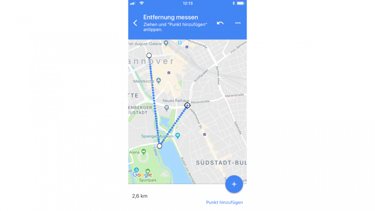 Screenshot Entfernung messen in der Google-Maps-App