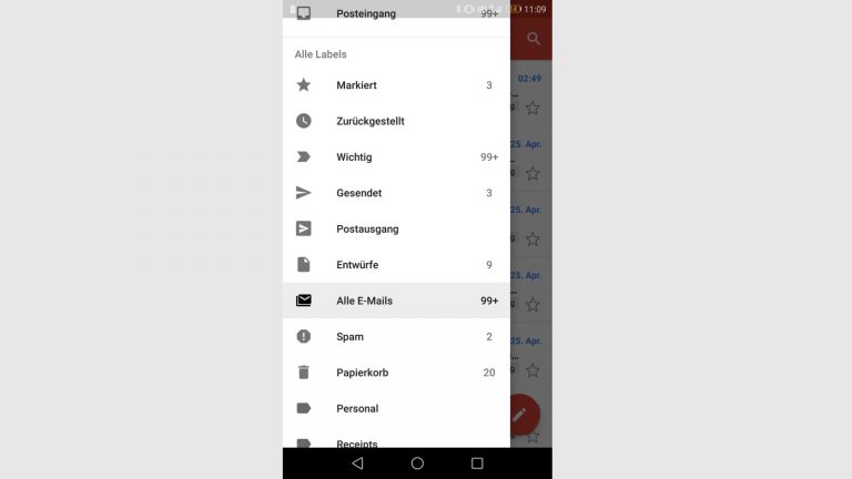 Screenshot Gmail-App Ordner