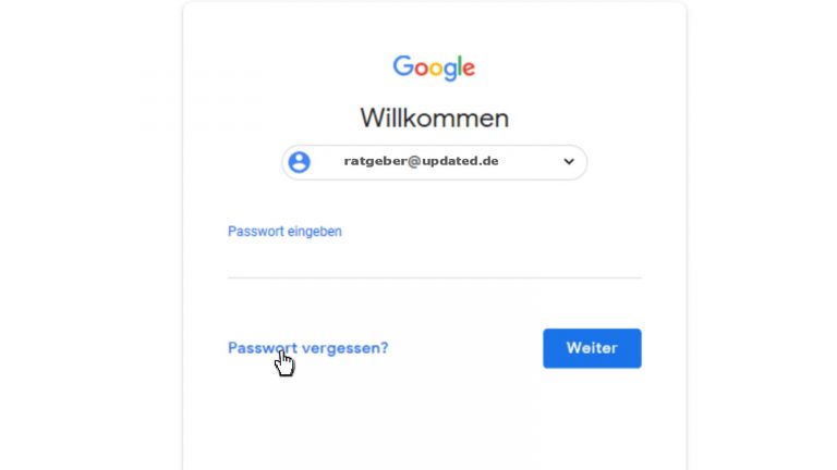 Login-Seite des Google-Kontos zeigt die Option Passwort vergessen