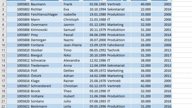 Excel SVERWEIS Beispiel Personaltabelle Screenshot