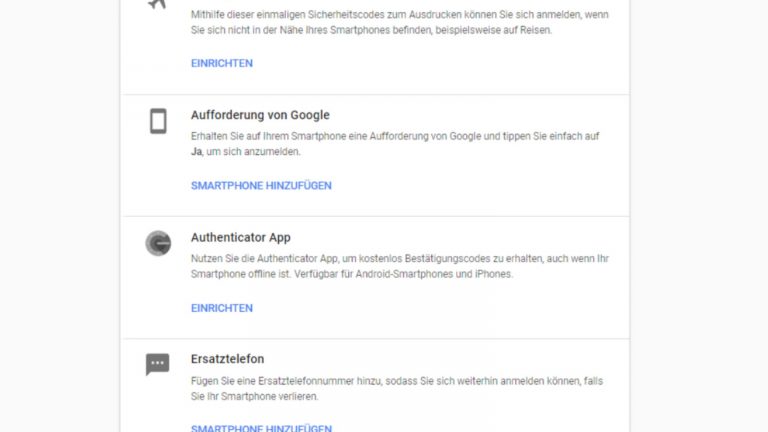 Screenshot Google Bestätigung in zwei Schritten Optionen