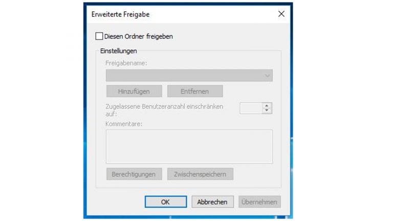 Windows-10-Fenster: Erweiterte Freigabe