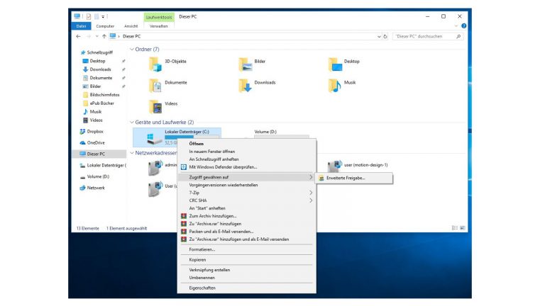 Windows-10-Explorer: Rechtsklick auf Festplatte und Zugriff gewähren auf
