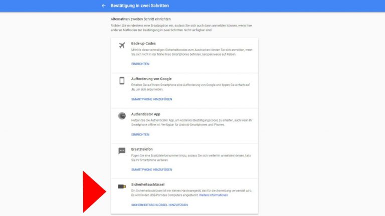 Screenshot Sicherheitsschlüssel für Bestätigung in zwei Schritten wählen