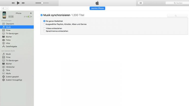 iTunes-Fenster mit angeschlossenem iPhone in den Einstellungen für Musik
