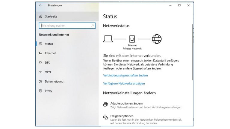 Windows-10-Fenster Einstellungen, um Freigabeoptionen zu erreichen