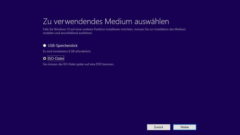 Windows 10 ISO Datei: Medium auswählen Media Creation Tool: ISO-Datei als zu erstellendes Medium auswählen