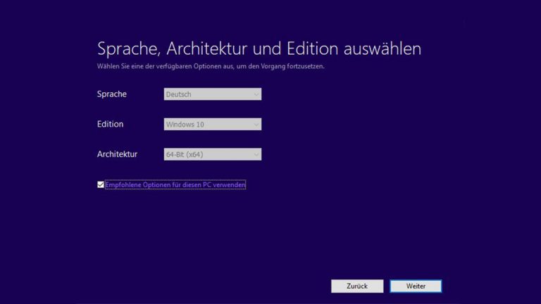Windows 10 ISO erstellen: Sprache, Architektur, Edition Media Creation Tool: Sprache, Architektur und Edition auswählen