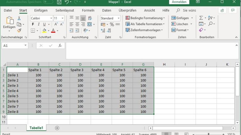 Excel-Tabelle markieren, um sie in Word einzufügen