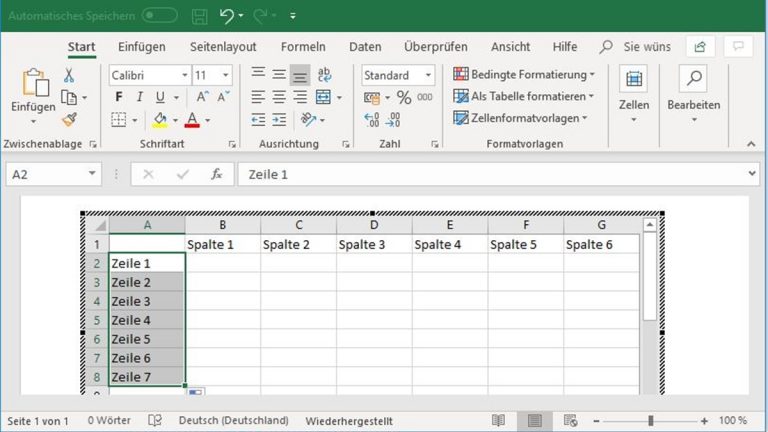 Excel-Tabelle in Word bearbeiten: Zahlenreihe fortsetzen