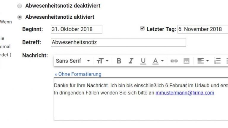 Abwesenheitsnotiz bei Gmail einrichten