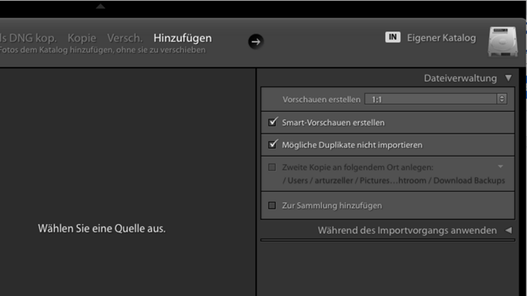 Lightroom Katalog: Import-Voreinstellungen Lightroom-Katalog: Voreinstellungen vor Import