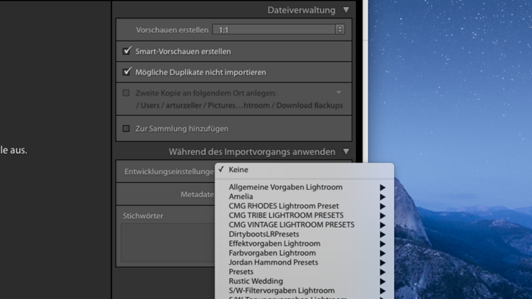 Lightroom Katalog: Presets anwenden Lightroom-Katalog: Presets anwenden auf Import