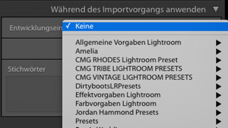 Lightroom Presets Import anwenden Lightroom: Presets beim Import anwenden