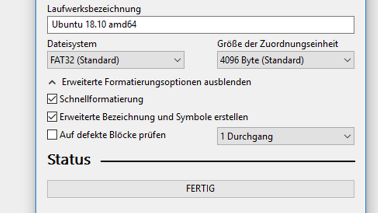 Linux neben Windows 10: Formatierungseinstellungen Rufus-Fenster mit Einstellungen zur Formatierung